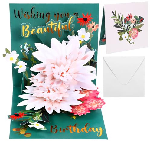 JIEYAO Birthday Cards for Women, Lotus Pop-Up Birthday Cards 3D Popup Birthday Gift Greeting with Envelope for Anniversary Birthday Special Celebration Personalised Gifts