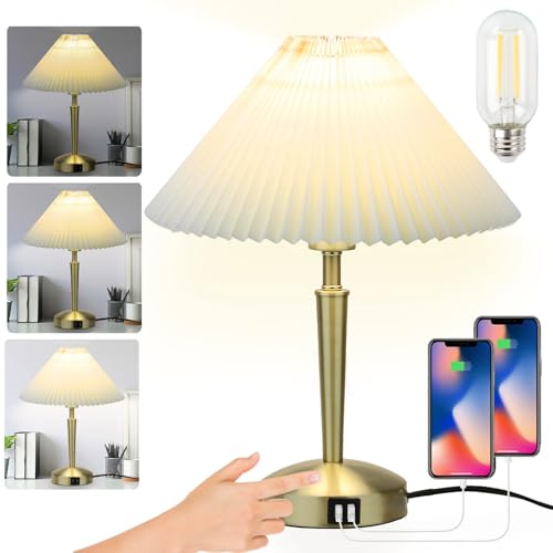LALISU Tischleuchte mit Touchdimmer in Messing matt, Touch-Me-Funktion(3 Helligkeitsstufen), Glas alabasterfarbig weiß, Nachttischlampe für Schlafzimmer Wohnzimmer (Gold)