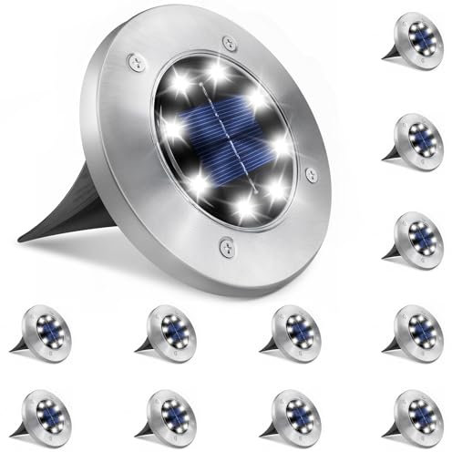 Blakapoo Solar Lights Outdoor Garden Stake, Cool White, 12 Pack Solar Ground Lights, 8 Led Disk Outdoor Garden, Waterproof IP65, Solar Path Lights for Lawn, Yard, Stairs, Patio, Pathway, Landscape