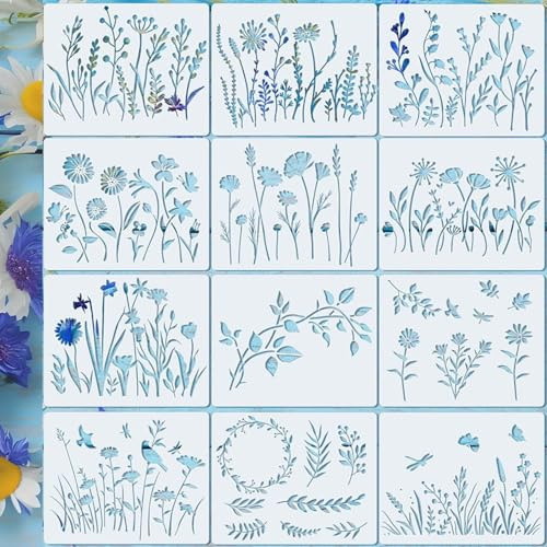 LynixTrade 12Pcs Stencils for Crafts Reusable, Nature Flower Stencils for Fabric Painting, Floral Leaves & Flower Drawing Templates for Painting on Wood Canvas DIY Art Card Window Wall Decor