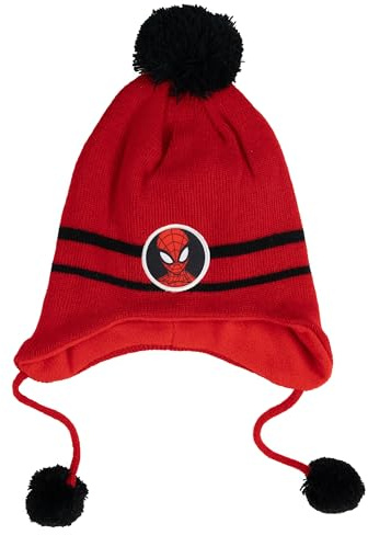 United Labels Marvel Spiderman - Berretto invernale per bambini, rosso, lavorato a maglia, con pompon, con paraorecchie e cordoncini