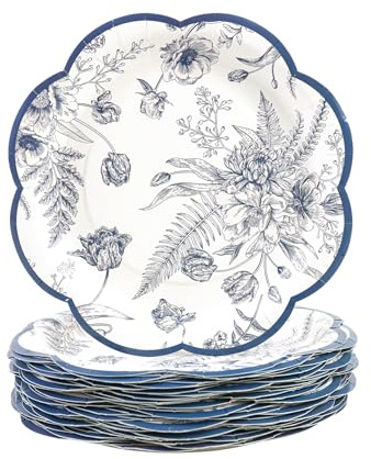 KFJBPB 50Pcs Blue Floral Paper Plates 7 Inch, Blue and White Scalloped Plates Vintage Flower Disposable Cake Dessert Plate for Baby Shower Wedding Birthday Party Decorations (Blue, 7 inch)