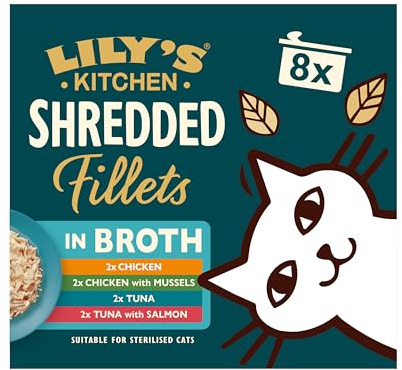Lily’s Kitchen Shredded Fillets in Broth, Wholesome, Cat Wet Food Multipack (48x70g) Tin, for Adult Cats, Complete Nutrition, With Natural Ingredients, With Freshly Prepared Meat, or Fish