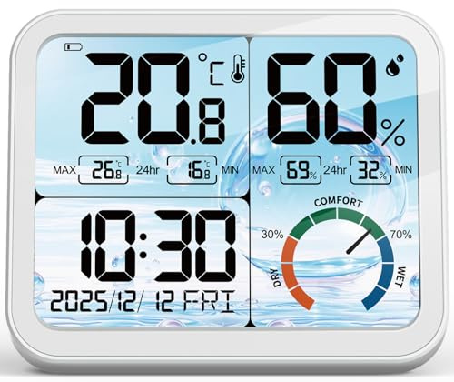 VOCOO 5.8 Digitales Raumthermometer und Hygrometer – LCD-Display mit Hintergrundbeleuchtung und Komfortanzeige, Max/Min-Speicher, Uhr und Kalender, zwei Stromversorgungsmöglichkeiten (USB/Batterie)