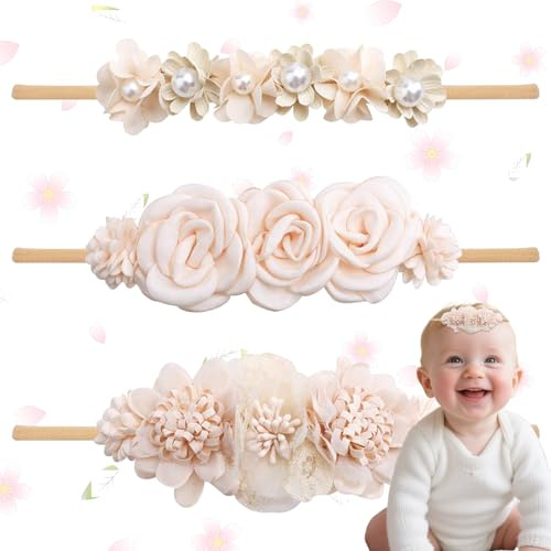SUpoetry 3 Pièces Bandeau Bébé Fille Fleur, Doux Mignon Bébé B-andeaux Cheveux en Nylon, Bandeaux Élastiques pour Bébés et Filles - Motif Floral, Bandeaux Doux pour Nouveau-Né Nourrisson Tout-petit