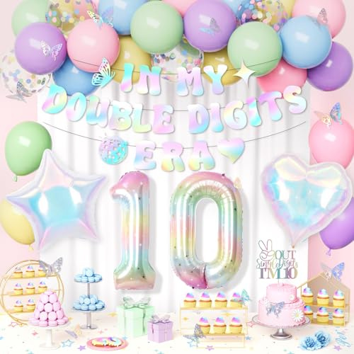 Globos de Cumpleaños de Niña de 10 Años, Pastel Decoración Cumpleaños 10 Niña con Ilusión Láser Banner, Globos Pastel, Globo Número 10, Topper Tarta, Iridiscente Decoraciones para Fiesta 10 Años Niñas
