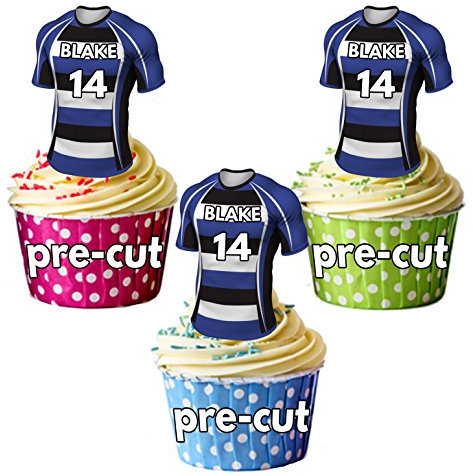 PRECUT Personalised Rugby Shirts With Your Chosen NAME & NUMBER - Edible Cupcake Toppers/Cake Decorations Bath Colours (Pack of 24)