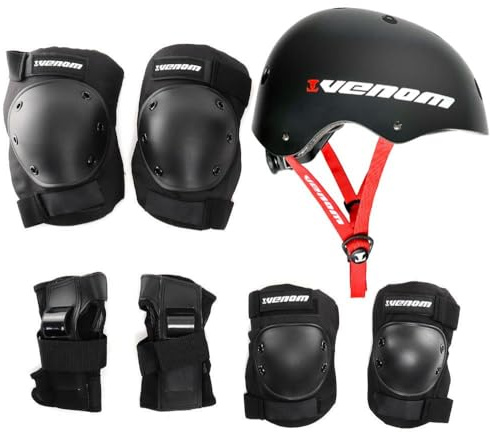 Venom Helmet & Pads Set Bike Helmet/Skateboard Helmet Knee Elbow and Wrist Pads - Helmet and Pads for Kids or Adults - Ideal Knee and Elbow Pads for Children - Protective Gear - Scooter - Skates