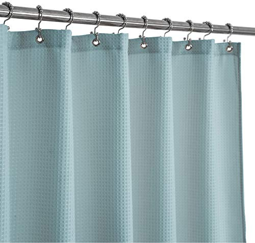 Stall duschdraperi tyg 80 x 183 cm, våffelväv, hotell lyx spa, 230 GSM kraftig, vattenavvisande, blå pike-mönster dekorativ badrumsgardin