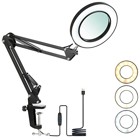 Tomshine Lampada Con Lente D'ingrandimento 8X, Lampada da Scrivania con Pinza Lampada Estetista Lampada da Lavoro con Morsetto Regolazione Continua Modi di 3 Colori