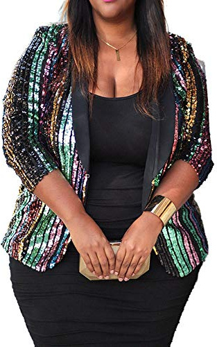 VERWIN Plus Size Jacket Sequin Three-Quarter Sleeve Color Block Coat Shawl Collar Women's Casual Blazer 2XL Black