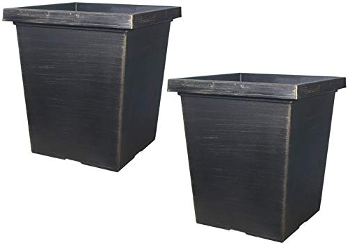Muddy Hands 2 x 43 Litre Black Bronze Large Plant Pot Outdoor Garden Flower Tree Tall Square Plastic Planter