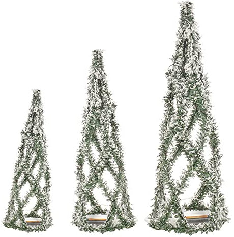 URBNLIVING 3 coni luminosi a LED per albero di Natale, piramidi a cono di Natale con luci a LED per decorazioni domestiche e finestre, altezza 40-80 cm, 3 batterie AA (neve verde e bianca)