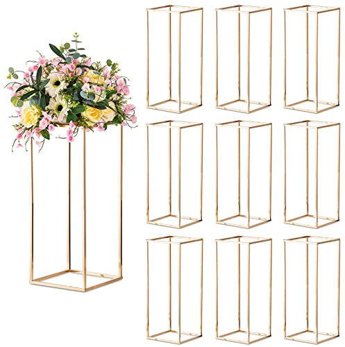 Sziqiqi Guld Metallvas För Bröllop Mittpunktsbord - 10 St Geometriska Golvvaser För Blomsterställ Mittställen Rektangulärt Blomsterarrangemang Displayställ För Bröllop Födelsedagsfestdekoration, 60 Cm
