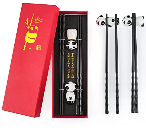Chinesisches Stäbchen-Set, 2 Paar Bambus-Form Essstäbchen mit 2 Panda-Stäbchenhalter, wiederverwendbare rutschfeste Essstäbchen, spülmaschinenfeste Essstäbchen,Geschenk für Panda-Liebhaber （Schwarz）