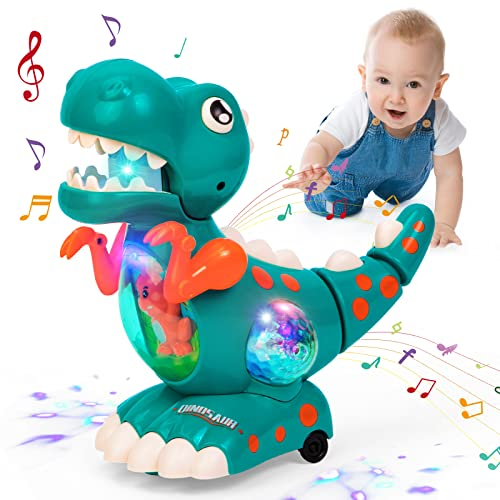 Highttoy Baby Musical Light Crawling Dinosaur Toys Interactive Walking Dino Baby Sensory Toys Birthday Gifts for Boys Girls Toddlers