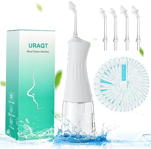 URAQT Elektrisch Nasendusche, Elektrischer Neti Pot für Erwachsene und Kinder, mit 4 Ersatzköpfe und 40 Nasenspülsalz, Nasenspülung für Befreiung der Nasennebenhöhlen, Weiß