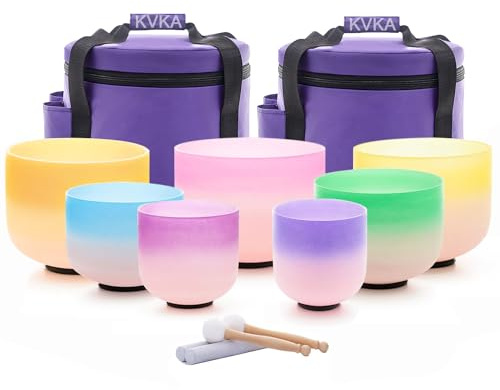 KVKA Frosted Quartz Crystal Singing Bowls Sound Healing Set (Gradient Design, 7-12 inch)