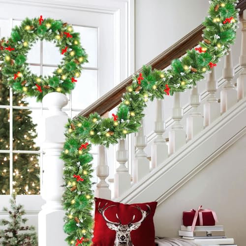 Guirnalda Navideña, 50 LED Guirnaldas Navideñas con Luces, 2.7 M/9ft Guirnalda Artificial con Pilas, para Puerta de Entrada/Chimenea/escaleras/árbol de Navidad