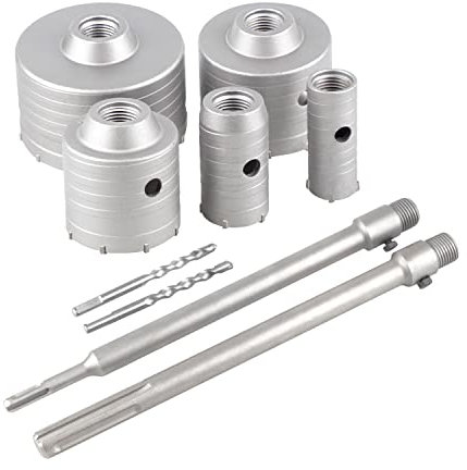 EXLECO 9 Beton Bohrkronen Set Hohl-Bohrkrone Set Dosenbohrer Steinbohrer, 5 Kernbohrer 30mm 40mm 65mm 80mm 100mm mit 300mm Rundgriff SDS Plus & SDS Max 2 Zentrierbohrer, Lochbohrer Wandlochsägebohrer