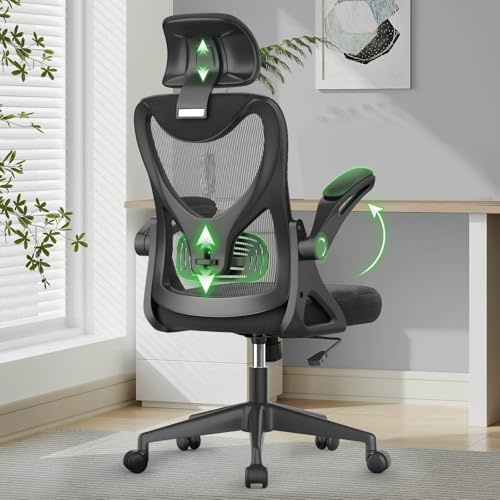 Office Chair - Ergonomic Desk Chair with Lumbar Support Headrest Adjustable, Padded Flip-up Armrests Comfy Seat Cushion High Back Executive Manager Chair For Home Office