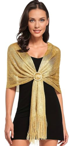 Shengxi Châles Métalliques Étincelants avec Boucle, Châles et Écharpes pour Femmes Écharpes Scintillants Etoles Elégant Glands Etoles pour Cérémonies Soirée Fêtes Mariage (Or)