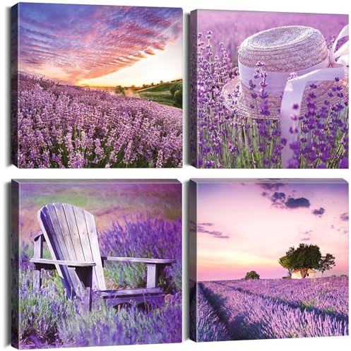 Artscope 4 Piezas Arte de Pared Impresiones en Lienzo - Cuadro Pintura de Lavanda - Obra de Arte de Pared Moderna Enmarcada para Decoración de Baño Hogar Oficina - 30 x 30 cm