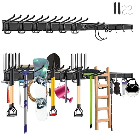 Mimoke Supporto da parete per garage e giardino – 4 binari, 12 ganci versatili, lunghezza totale 162 cm, robusto e ideale per utensili da giardino