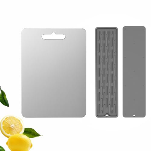 Persavibe Tabla de Cortar Acero Inoxidable | Doble Cara | Higiénica y Sin Olores | Apta Lavavajillas | Colgable y con Alfombrilla de Secado (34x23cm)