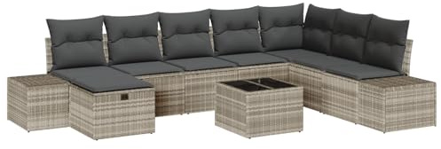vidaXL Trädgårdsoffset med kudde 9 pcs Ljusgrå Poly rattan, Trädgård och terrass set, modern sittgrupp, mångsidig rattansoffa, lätt utomhusmöbler, riktigt bekväm