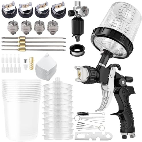 HVLP Pistola de Pintura Profesional, Pistola Pulverizadora de Pintura con Boquillas de 1,4/1,7/2,0/2,5 mm y Regulador de Presión de Aire con Copa Pulverizadora de 600 ml y Accesorios de Pulverización