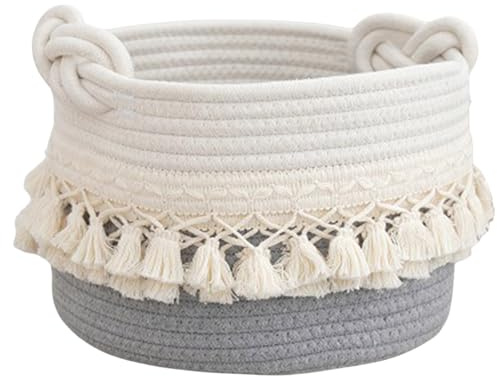 Moderna cesta de almacenamiento de cuerda de algodón con borlas elegantes adornadas, cesta de cuerda de algodón resistente para almacenamiento en el hogar