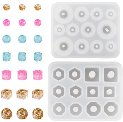 Craftora - Lot de 2 moules en résine pour perles rondes et carrées en silicone pour résine UV et époxy, moules de coulée pour création de pendentifs et bijoux DIY