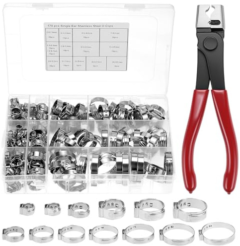 QWORK 170 stycken slangklämmor set, 14 storlekar 5,3–33,1 mm 304 rostfritt stål rörklämma med slangklämtång