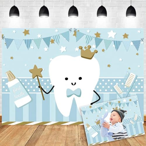 OERJU First Tooth Backdrop for Boys Blue 1st Baby Tooth Photo Backdrop Toothpaste Toothbrush Teeth Themed Dental Party Decoration Banner 1st Birthday Baby Shower Photography Background 5x3ft