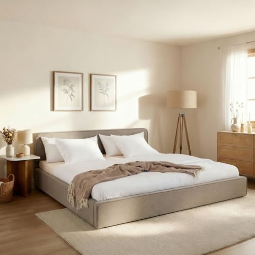 IDIMEX Lit Double LATINI rembourré 180x200, Tête de lit en Tissu Grège, Lit King Size 2 Personnes avec Sommier à Lattes Inclus, Tête Réglable en Hauteur, Design Moderne