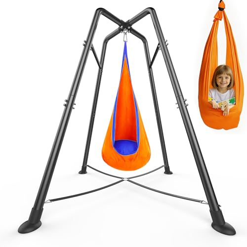 Workkeep Sensory Swing Set with Stand for Kids – Heavy Duty 4-Leg Metal Frame, Upgraded Sleeve-Joint Structure, Extra Cross Bars, Double-Layer Soft Nylon Pod & Hammock Swing for Indoor Outdoor Use