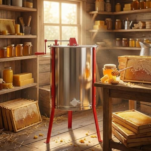 Professional Manual Honey Extractor 4-Frame, Stainless Steel Honey Spinner with Adjustable Height Legs, Transparent Lid and Food-Safe Drum for Apiaries, Beekeeping Equipment