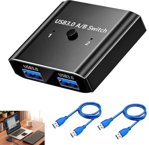 Switch USB 3.0 Bidireccional, Conmutador KVM 2 en 1 USB 5Gbps para Compartir Dispositivos entre 2 Ordenadores Adaptador KVM USB para Teclado Raton Impresora Escaner Plug and Play con Indicador LED