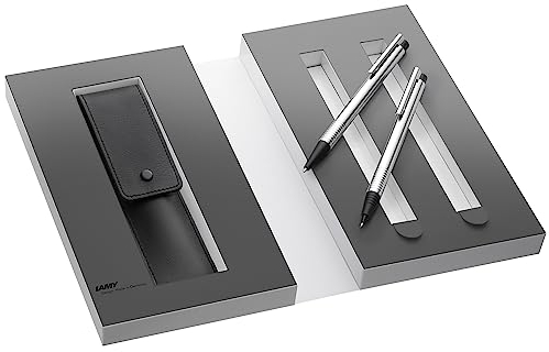 LAMY logo Set 899 aus rostfreiem Edelstahl in mattschwarz: Kugelschreiber 205 Großraummine LAMY M 16 schwarz und Druckbleistift 105 mit Feinstrichmine LAMY M 40 (0,7 mm) inkl. LAMY Lederetui schwarz