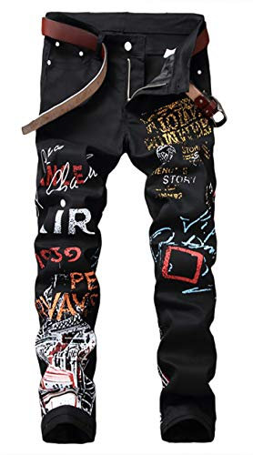 Enrica Herren Casual Printed Jeans Skinny Denim Pants, Black&Air, 50