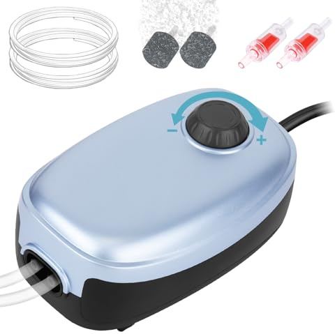 Eyein Adjustable Air Pump Aquarium, Ultra Silent 4W Air Pump for Fish Tank Up to 400L with Dual Outlets, Hangable Whisper Fish Tank Oxygen Bubbler with Accessories Air Stone, Check Valve, Tubing