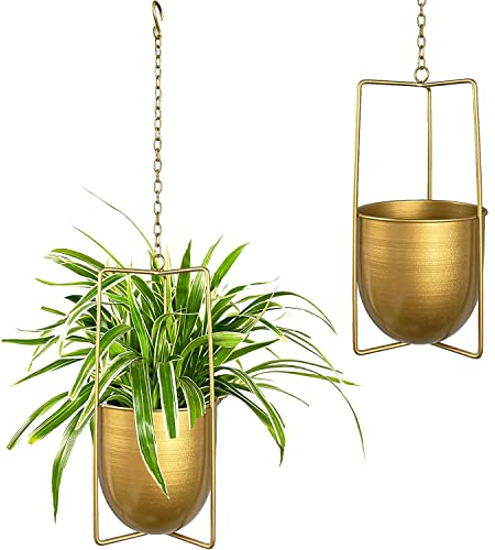 Smaxcn Hängender Blumenampel,Blumentopf Hängend Metall Bolo Blumenampel für Sukkulenten,Für Verwendung im Innen- und Außenbereich(Gold)