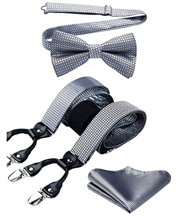 HISDERN Hosenträger Herren Grau Fliege und Hosenträger Set Herren Kariert Hochzeit Klassische Hochzeit Einstellbar Y Form mit 6 Clips Extra Stark Braces