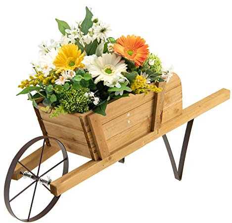 COSTWAY Carriola Porta Fiori in Legno per Interni ed Esterni, Portafiori a Forma di Carriola con 9 Accessori Magnetici, Ruota e 2 Maniglie, Decorazione per Giardino, Patio e Salotto (Naturale)