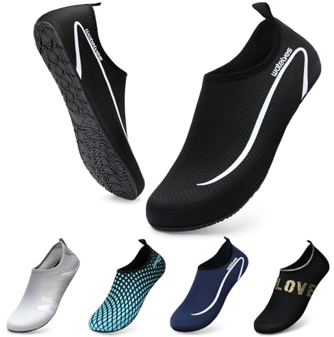 Swim Water Shoes Aqua Socks Barefoot for Sea Beach Swimming Shoes Pool Ladies Women Mens Black Line 11/11.5 UK