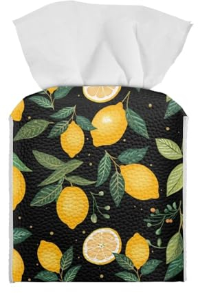Poceacles Funda para caja de pañuelos con estampado de hojas verde limón, soporte cuadrado de piel sintética para baño, encimera, oficina, coche, mesita de noche, tienda de campaña al aire libre, mesa