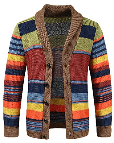 Cardigan en tricot pour homme - Style bohème multicolore - Manches longues - Cardigan à boutonnage simple - Sans capuche - Manteau chaud en tricot - Grandes tailles - Manteau d'hiver ample - Pull