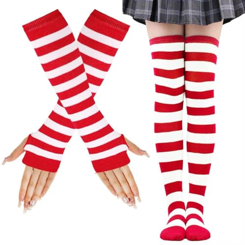LUKIUP Rayas Calcetines Hasta la Rodilla, Juego de Calcetines Altos Hasta el Muslo, Guantes sin Dedos, Para damas, Halloween, fiestas de Navidad, cosplay de carnaval y fiestas de disfraces