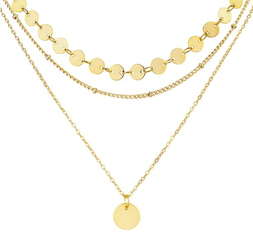 LOLIAS Goldkette Damen - 18k Gold, Wasserfest, Lange Ketten mit Anhänger, Doppel, Mehrreihig, Zarte Goldkette mit Rund Plättchen Schmuck